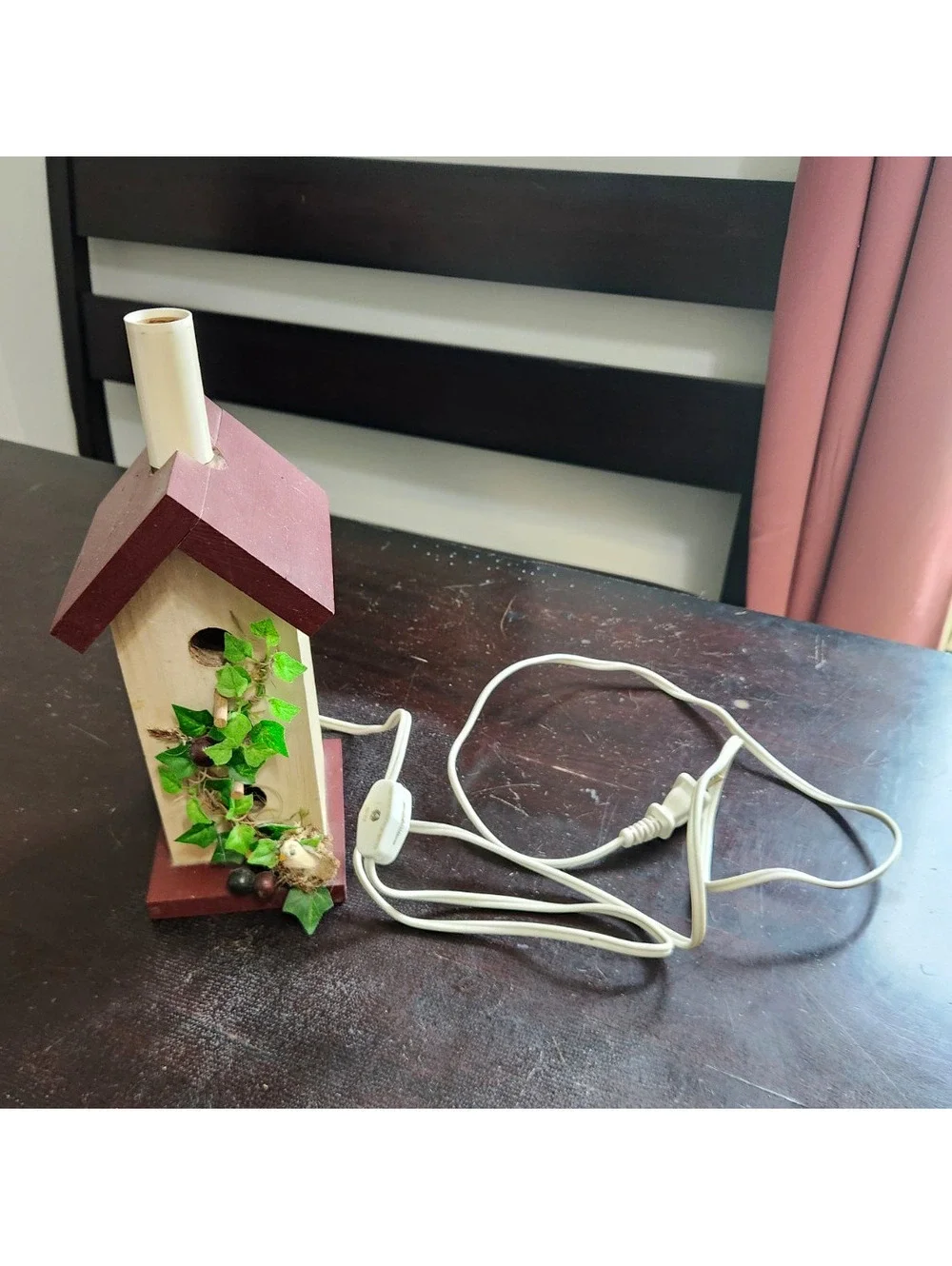 Wood Birdhouse Novelty Table Lamp Painted Brown, Corded Switch, White Cord